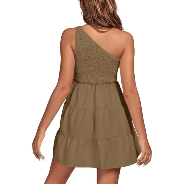 LYANER Women's One Shoulder Smocked Shirred Tiered Ruffle Sleeveless A-Line Mini Dress