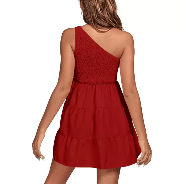 LYANER Women's One Shoulder Smocked Shirred Tiered Ruffle Sleeveless A-Line Mini Dress