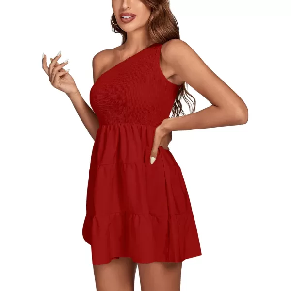 LYANER Women's One Shoulder Smocked Shirred Tiered Ruffle Sleeveless A-Line Mini Dress