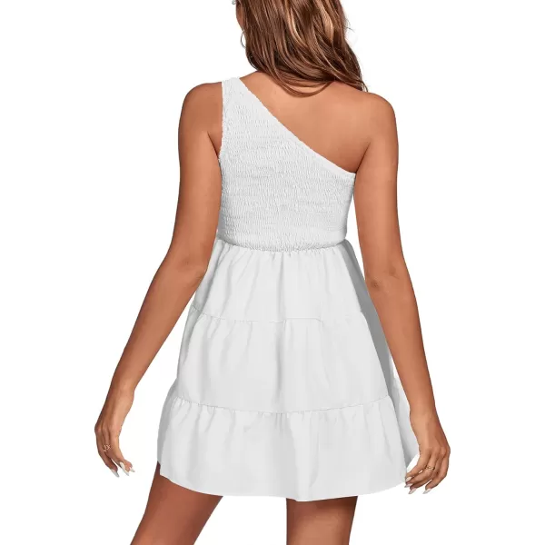 LYANER Women's One Shoulder Smocked Shirred Tiered Ruffle Sleeveless A-Line Mini Dress