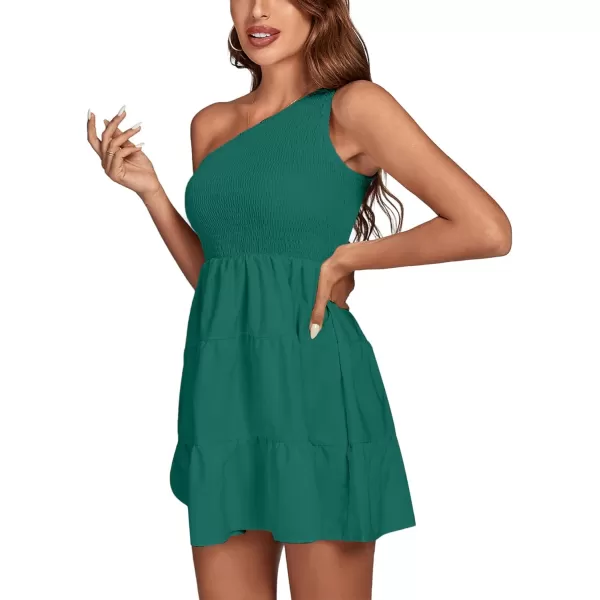 LYANER Women's One Shoulder Smocked Shirred Tiered Ruffle Sleeveless A-Line Mini Dress