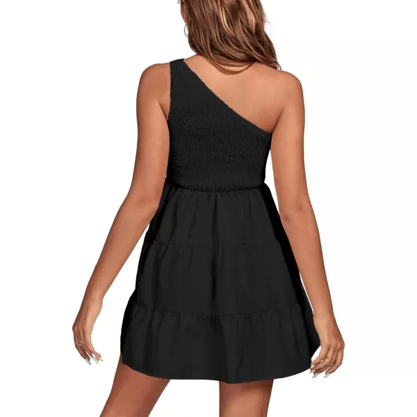 LYANER Women's One Shoulder Smocked Shirred Tiered Ruffle Sleeveless A-Line Mini Dress