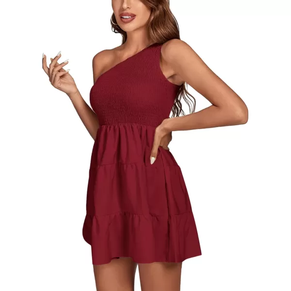 LYANER Women's One Shoulder Smocked Shirred Tiered Ruffle Sleeveless A-Line Mini Dress