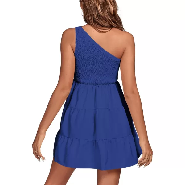 LYANER Women's One Shoulder Smocked Shirred Tiered Ruffle Sleeveless A-Line Mini Dress