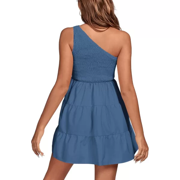 LYANER Women's One Shoulder Smocked Shirred Tiered Ruffle Sleeveless A-Line Mini Dress