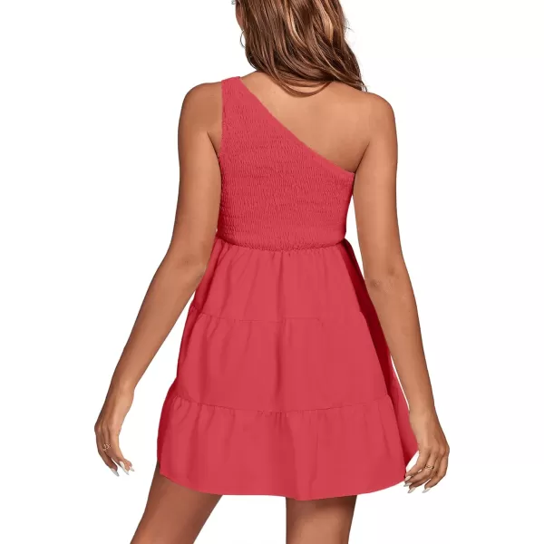 LYANER Women's One Shoulder Smocked Shirred Tiered Ruffle Sleeveless A-Line Mini Dress