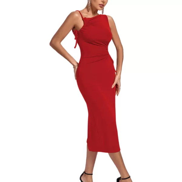 LYANER Women's One Shoulder Spaghetti Strap Drawstring Hollow Out Split Hem Bodycon Midi Dress