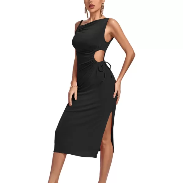 LYANER Women's One Shoulder Spaghetti Strap Drawstring Hollow Out Split Hem Bodycon Midi Dress