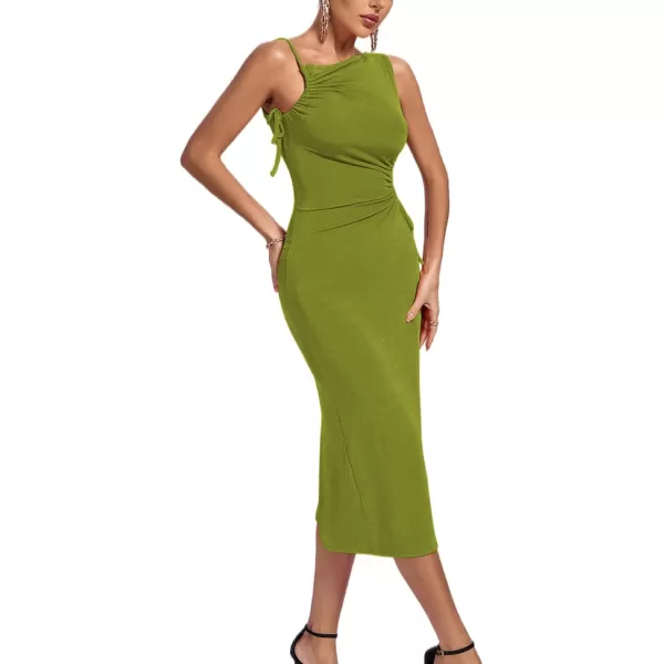 LYANER Women's One Shoulder Spaghetti Strap Drawstring Hollow Out Split Hem Bodycon Midi Dress