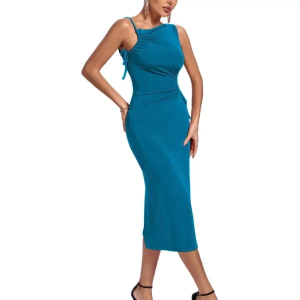 LYANER Women's One Shoulder Spaghetti Strap Drawstring Hollow Out Split Hem Bodycon Midi Dress