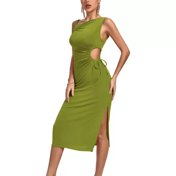 LYANER Women's One Shoulder Spaghetti Strap Drawstring Hollow Out Split Hem Bodycon Midi Dress