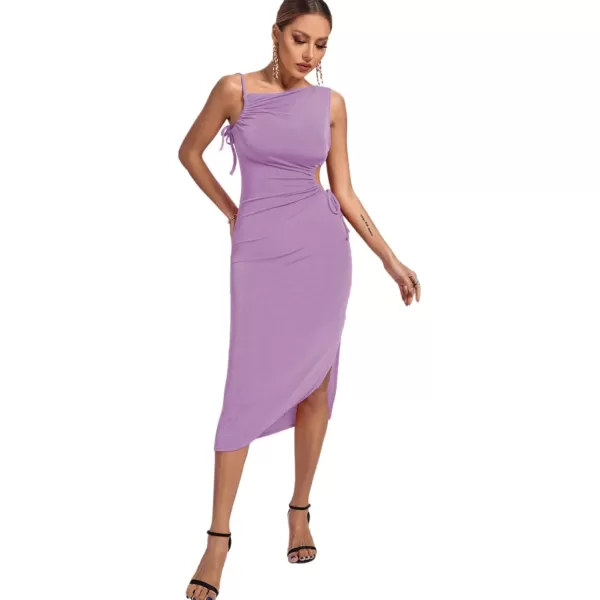 LYANER Women's One Shoulder Spaghetti Strap Drawstring Hollow Out Split Hem Bodycon Midi Dress