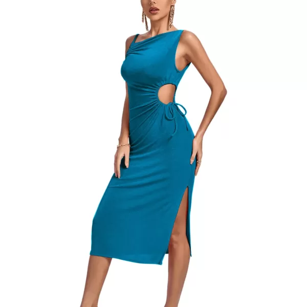 LYANER Women's One Shoulder Spaghetti Strap Drawstring Hollow Out Split Hem Bodycon Midi Dress