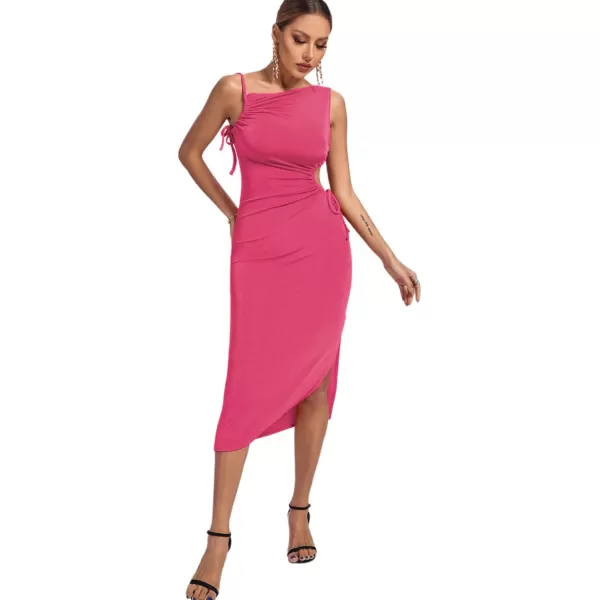 LYANER Women's One Shoulder Spaghetti Strap Drawstring Hollow Out Split Hem Bodycon Midi Dress