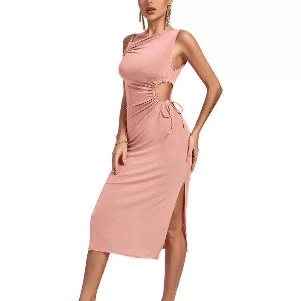 LYANER Women's One Shoulder Spaghetti Strap Drawstring Hollow Out Split Hem Bodycon Midi Dress
