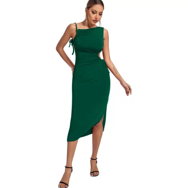 LYANER Women's One Shoulder Spaghetti Strap Drawstring Hollow Out Split Hem Bodycon Midi Dress