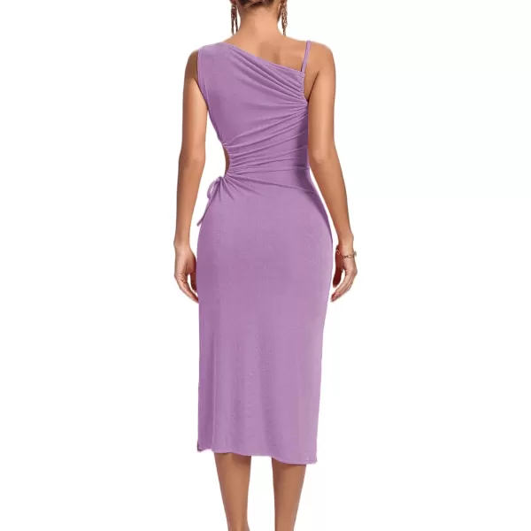 LYANER Women's One Shoulder Spaghetti Strap Drawstring Hollow Out Split Hem Bodycon Midi Dress