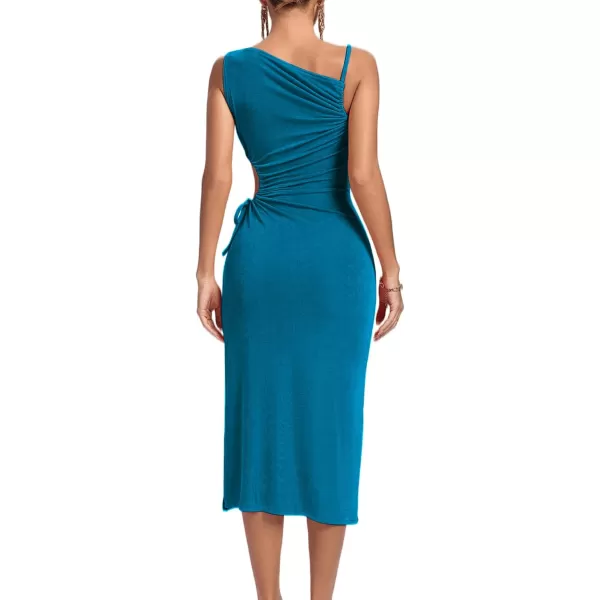 LYANER Women's One Shoulder Spaghetti Strap Drawstring Hollow Out Split Hem Bodycon Midi Dress