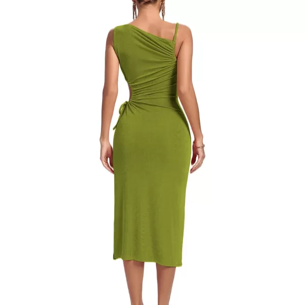 LYANER Women's One Shoulder Spaghetti Strap Drawstring Hollow Out Split Hem Bodycon Midi Dress