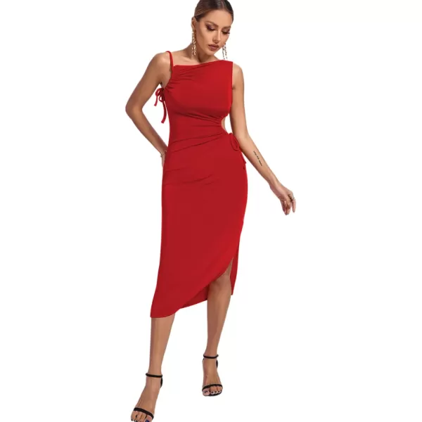 LYANER Women's One Shoulder Spaghetti Strap Drawstring Hollow Out Split Hem Bodycon Midi Dress