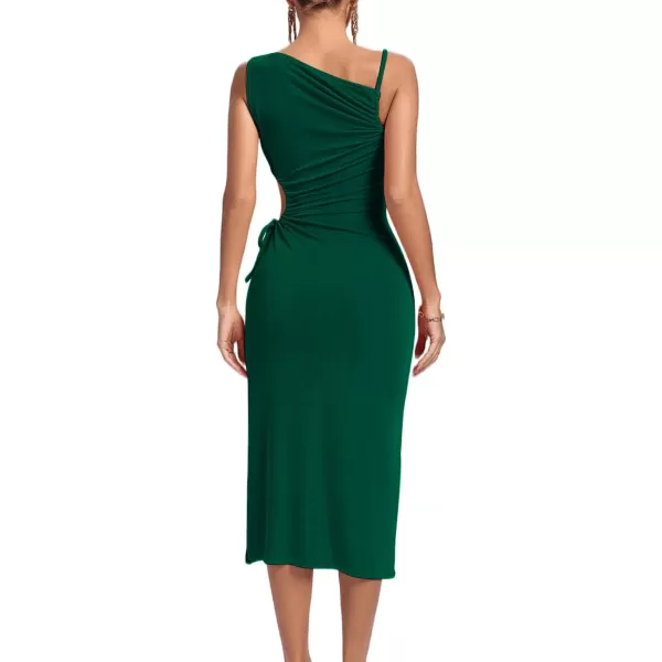 LYANER Women's One Shoulder Spaghetti Strap Drawstring Hollow Out Split Hem Bodycon Midi Dress