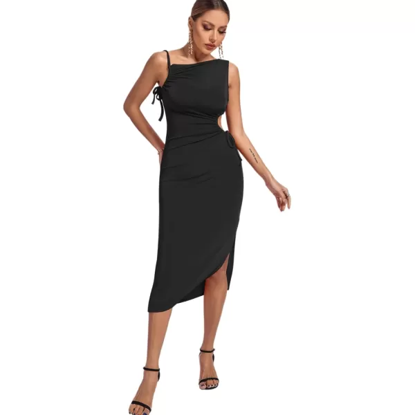 LYANER Women's One Shoulder Spaghetti Strap Drawstring Hollow Out Split Hem Bodycon Midi Dress