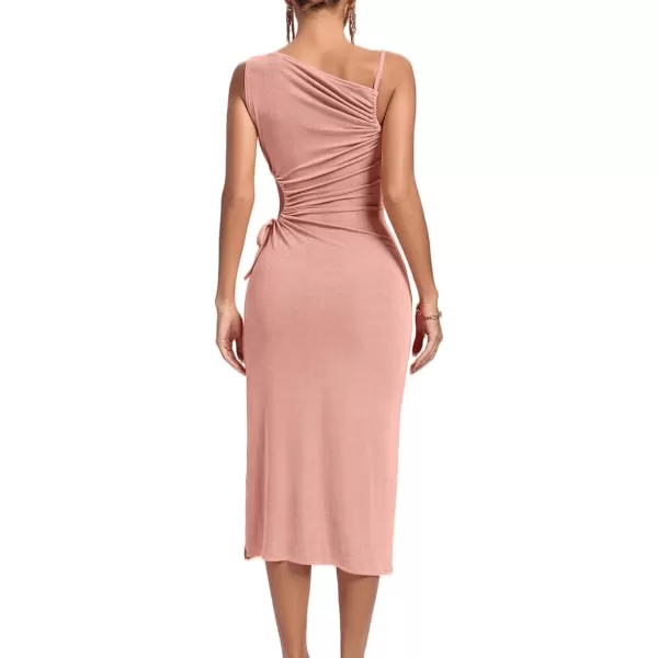 LYANER Women's One Shoulder Spaghetti Strap Drawstring Hollow Out Split Hem Bodycon Midi Dress