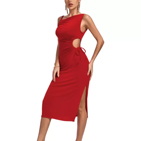 LYANER Women's One Shoulder Spaghetti Strap Drawstring Hollow Out Split Hem Bodycon Midi Dress