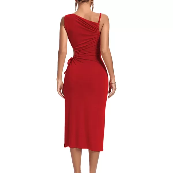 LYANER Women's One Shoulder Spaghetti Strap Drawstring Hollow Out Split Hem Bodycon Midi Dress