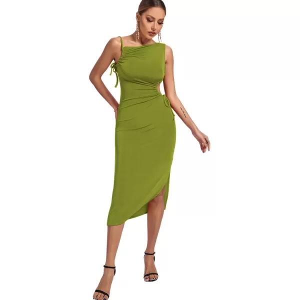 LYANER Women's One Shoulder Spaghetti Strap Drawstring Hollow Out Split Hem Bodycon Midi Dress