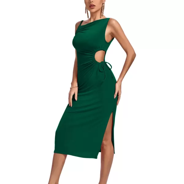 LYANER Women's One Shoulder Spaghetti Strap Drawstring Hollow Out Split Hem Bodycon Midi Dress
