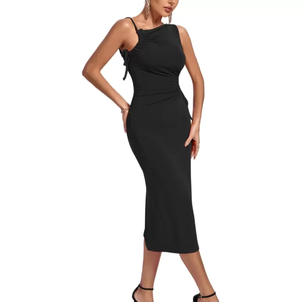 LYANER Women's One Shoulder Spaghetti Strap Drawstring Hollow Out Split Hem Bodycon Midi Dress