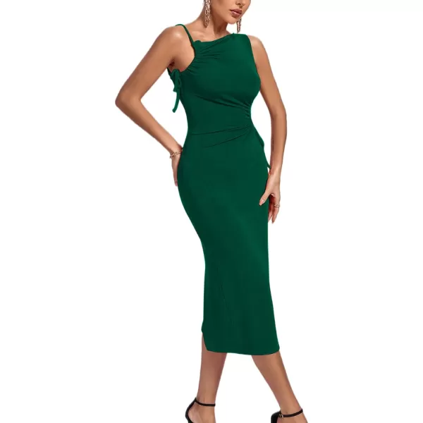 LYANER Women's One Shoulder Spaghetti Strap Drawstring Hollow Out Split Hem Bodycon Midi Dress