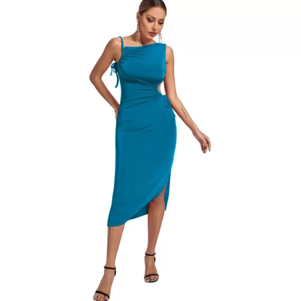 LYANER Women's One Shoulder Spaghetti Strap Drawstring Hollow Out Split Hem Bodycon Midi Dress