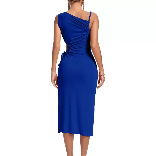 LYANER Women's One Shoulder Spaghetti Strap Drawstring Hollow Out Split Hem Bodycon Midi Dress