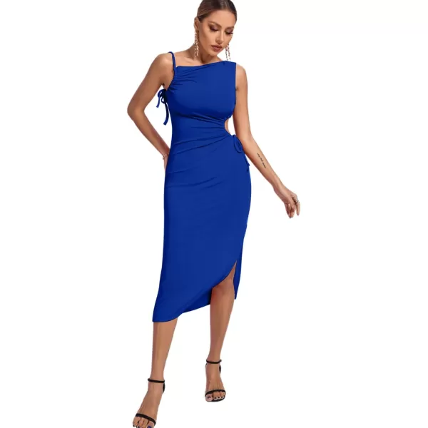 LYANER Women's One Shoulder Spaghetti Strap Drawstring Hollow Out Split Hem Bodycon Midi Dress