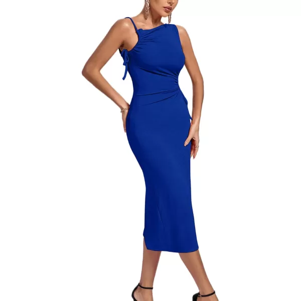 LYANER Women's One Shoulder Spaghetti Strap Drawstring Hollow Out Split Hem Bodycon Midi Dress