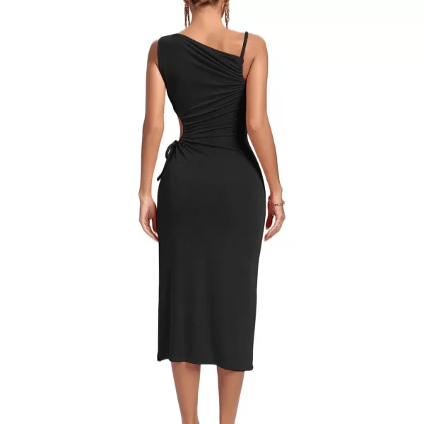 LYANER Women's One Shoulder Spaghetti Strap Drawstring Hollow Out Split Hem Bodycon Midi Dress
