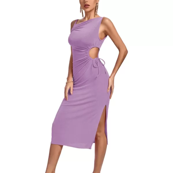 LYANER Women's One Shoulder Spaghetti Strap Drawstring Hollow Out Split Hem Bodycon Midi Dress