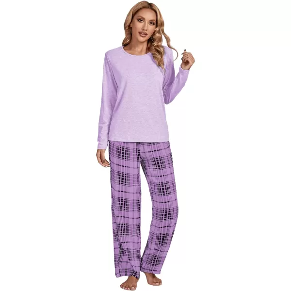 LYANER Women's Pajama Set Long Sleeve Top and Plaid Pants Loungewear Sleepwear Pjs Sets