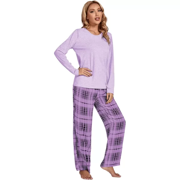 LYANER Women's Pajama Set Long Sleeve Top and Plaid Pants Loungewear Sleepwear Pjs Sets