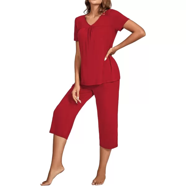 LYANER Women's Pajamas Set Soft Pleated Short Sleeve Top and Capri Lounge Pants Lounge Sleepwear PJs Set