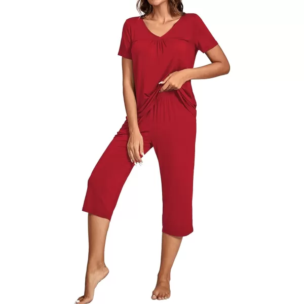 LYANER Women's Pajamas Set Soft Pleated Short Sleeve Top and Capri Lounge Pants Lounge Sleepwear PJs Set