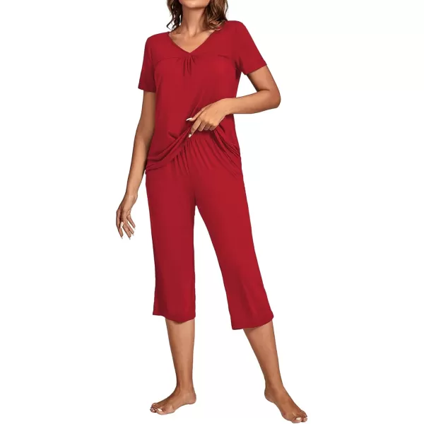 LYANER Women's Pajamas Set Soft Pleated Short Sleeve Top and Capri Lounge Pants Lounge Sleepwear PJs Set