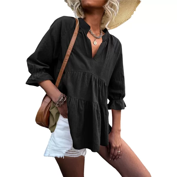 LYANER Women’s Peplum Blouse V Neck Ruched Layer 3/4 Sleeve Ruffle Blouse Babydoll Tops
