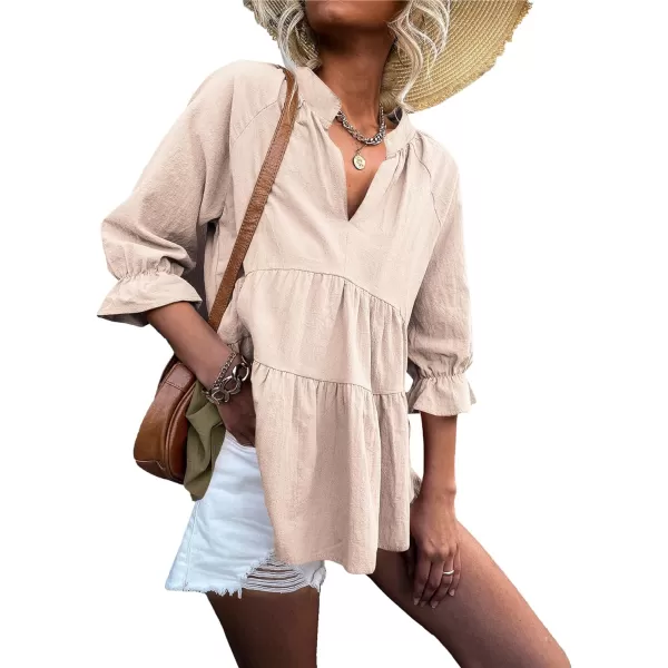LYANER Women’s Peplum Blouse V Neck Ruched Layer 3/4 Sleeve Ruffle Blouse Babydoll Tops