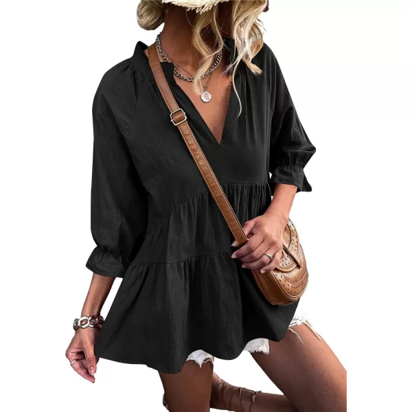 LYANER Women’s Peplum Blouse V Neck Ruched Layer 3/4 Sleeve Ruffle Blouse Babydoll Tops