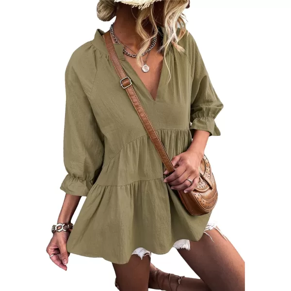 LYANER Women’s Peplum Blouse V Neck Ruched Layer 3/4 Sleeve Ruffle Blouse Babydoll Tops