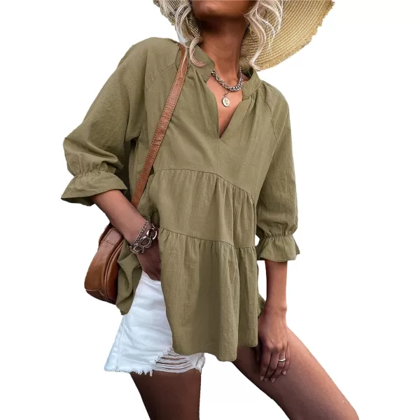 LYANER Women’s Peplum Blouse V Neck Ruched Layer 3/4 Sleeve Ruffle Blouse Babydoll Tops