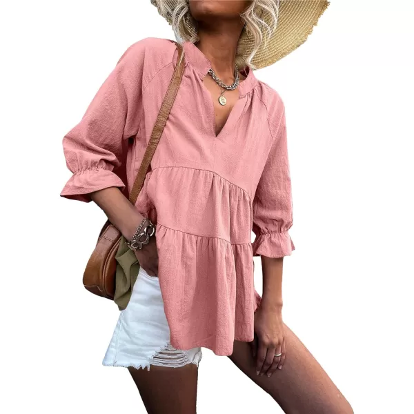 LYANER Women’s Peplum Blouse V Neck Ruched Layer 3/4 Sleeve Ruffle Blouse Babydoll Tops
